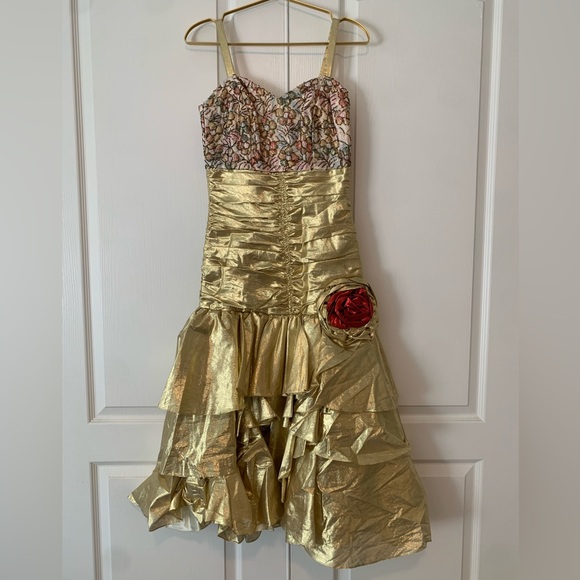 Vintage One Of A Kind Gold Gown With Flower Hand Beading Detailing Rose Dress!! - Picture 9 of 16